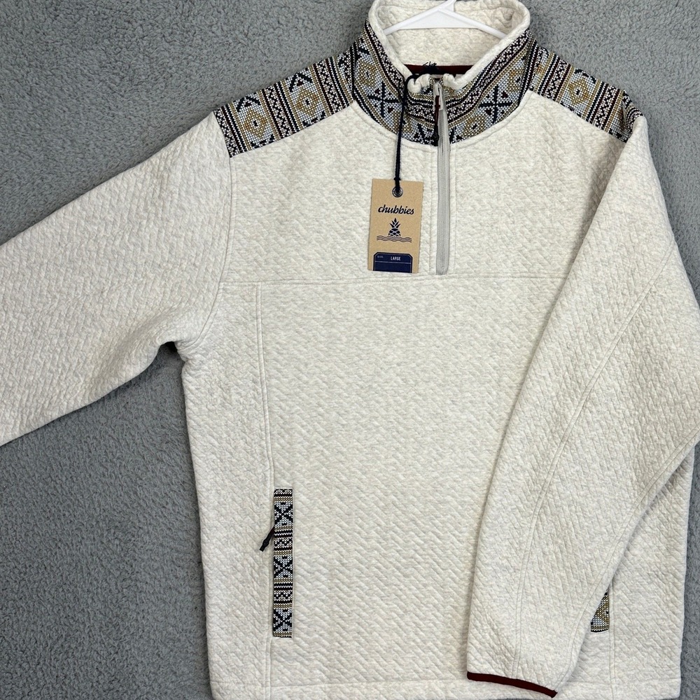 NEW‎ Chubbies Sweater Mens Large Cream The Sandstorm Aztec Quilted Quarter Zip